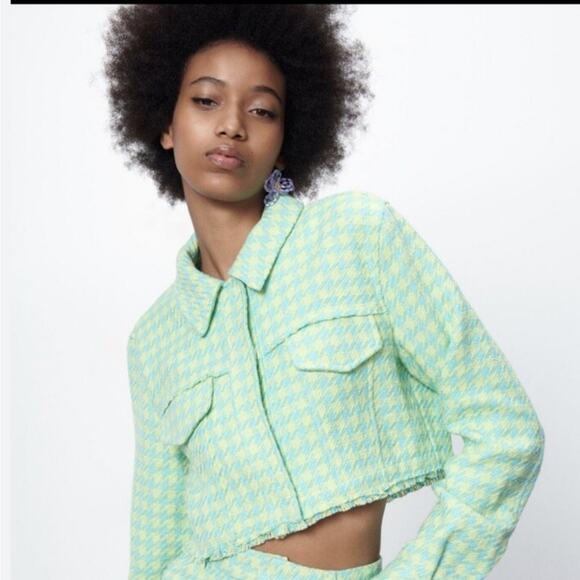 Zara Mint Green Houndstooth Cropped Jacket - Picture 1 of 8